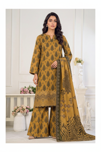 Model wearing mustard Danak printed 3-piece unstitched suit with printed embroidered dupatta