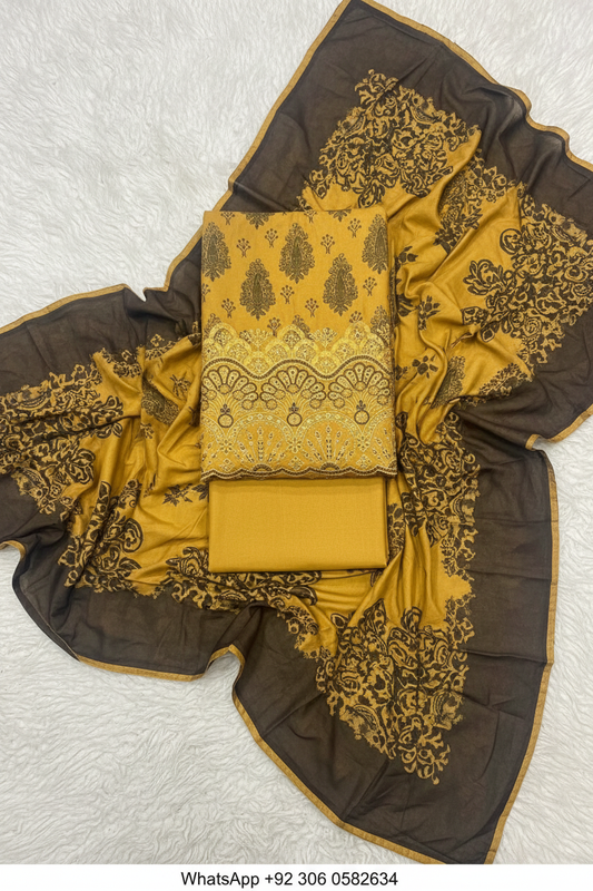 Mustard Danak printed shirt, printed embroidered dupatta and trouser fabric set