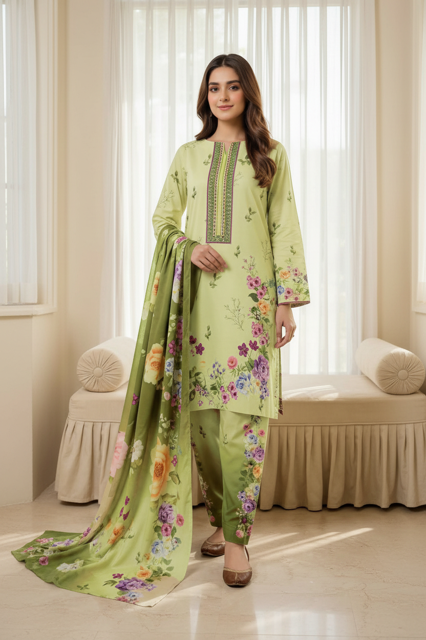 Model wearing pistachio green Karandi printed 3-piece unstitched suit