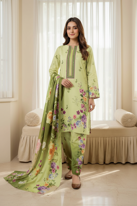 Model wearing pistachio green Karandi printed 3-piece unstitched suit