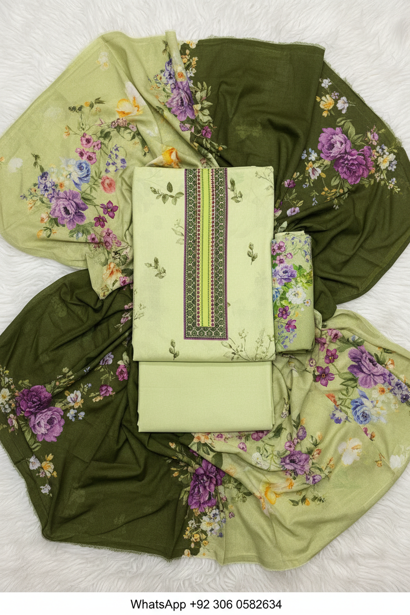 Pistachio green Karandi printed floral suit fabric set