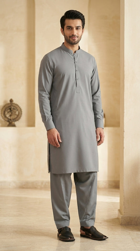 Slate Grey Unstitched Shalwar Kameez - premium wash and wear men's fabric - Ali Rehman Fabrics