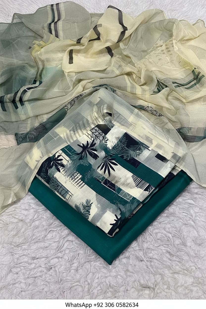 Teal abstract botanical printed viscose suit with chiffon dupatta and solid trouser