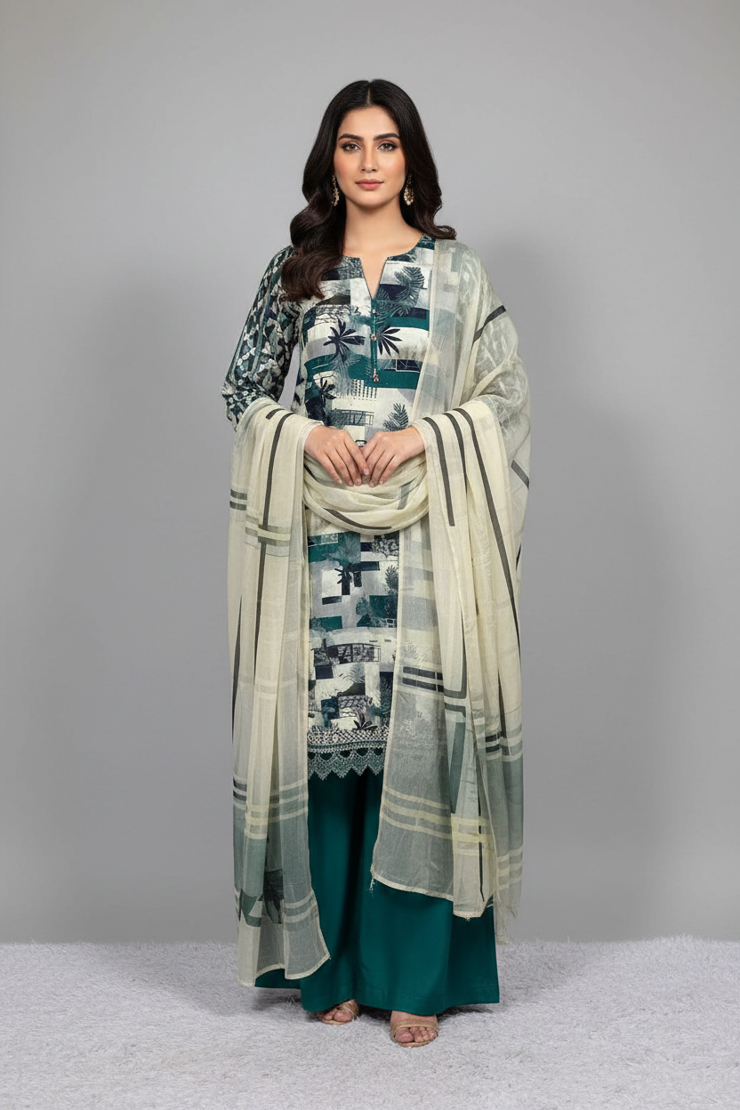 Model wearing teal viscose printed 3-piece unstitched suit with chiffon dupatta